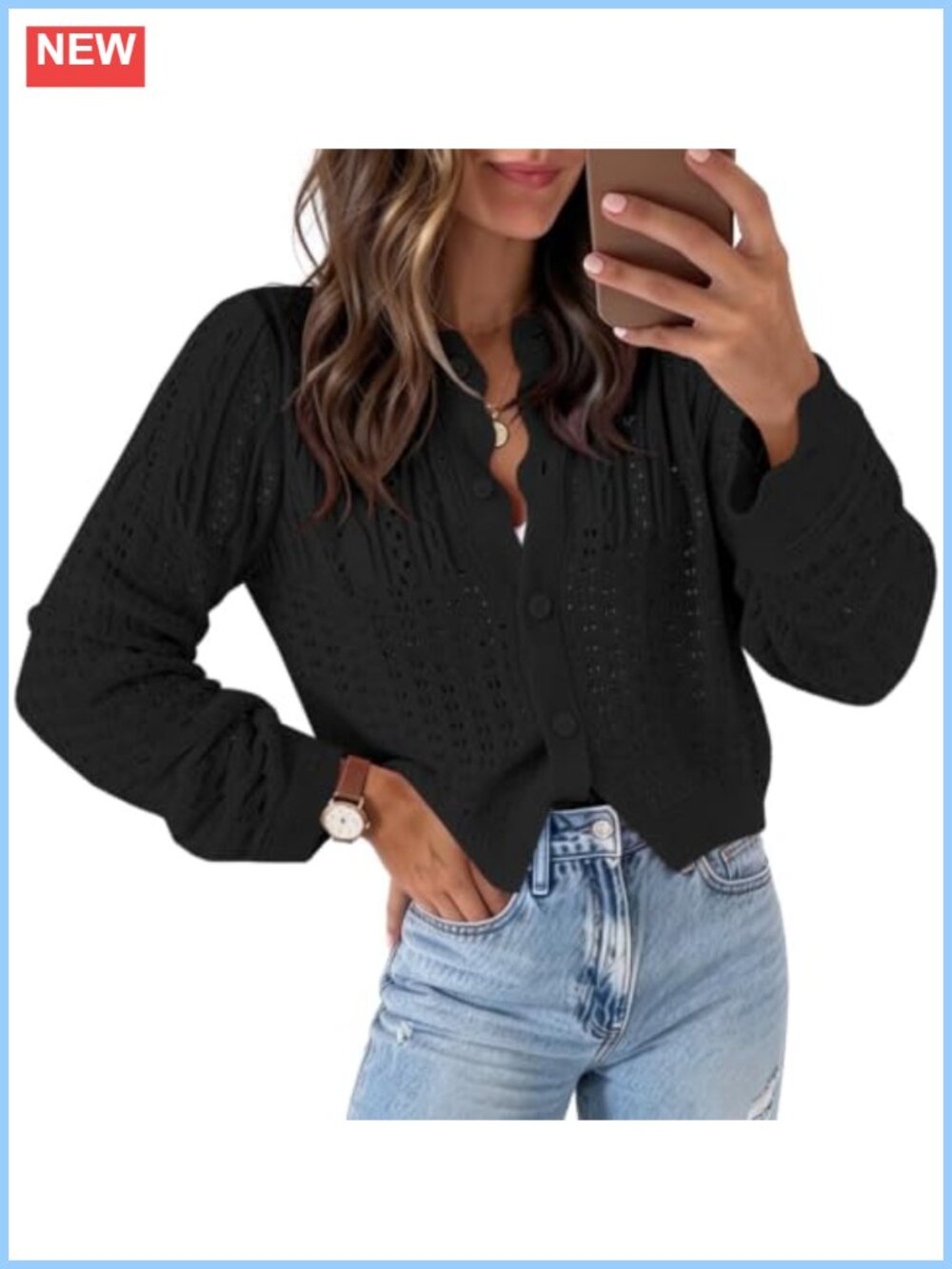 Crochet Knit Button Down Long Sleeve Cardigan Sweater Ribbed Wave Edge